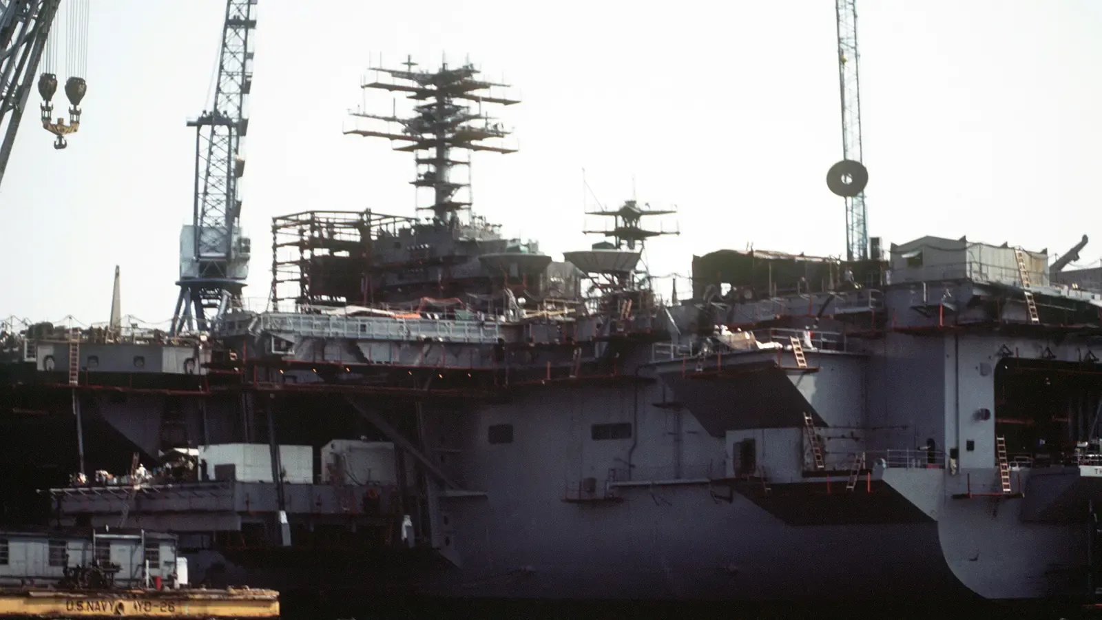 A US Navy aircraft carrier under construction at Newport News Shipbuilding, Virginia